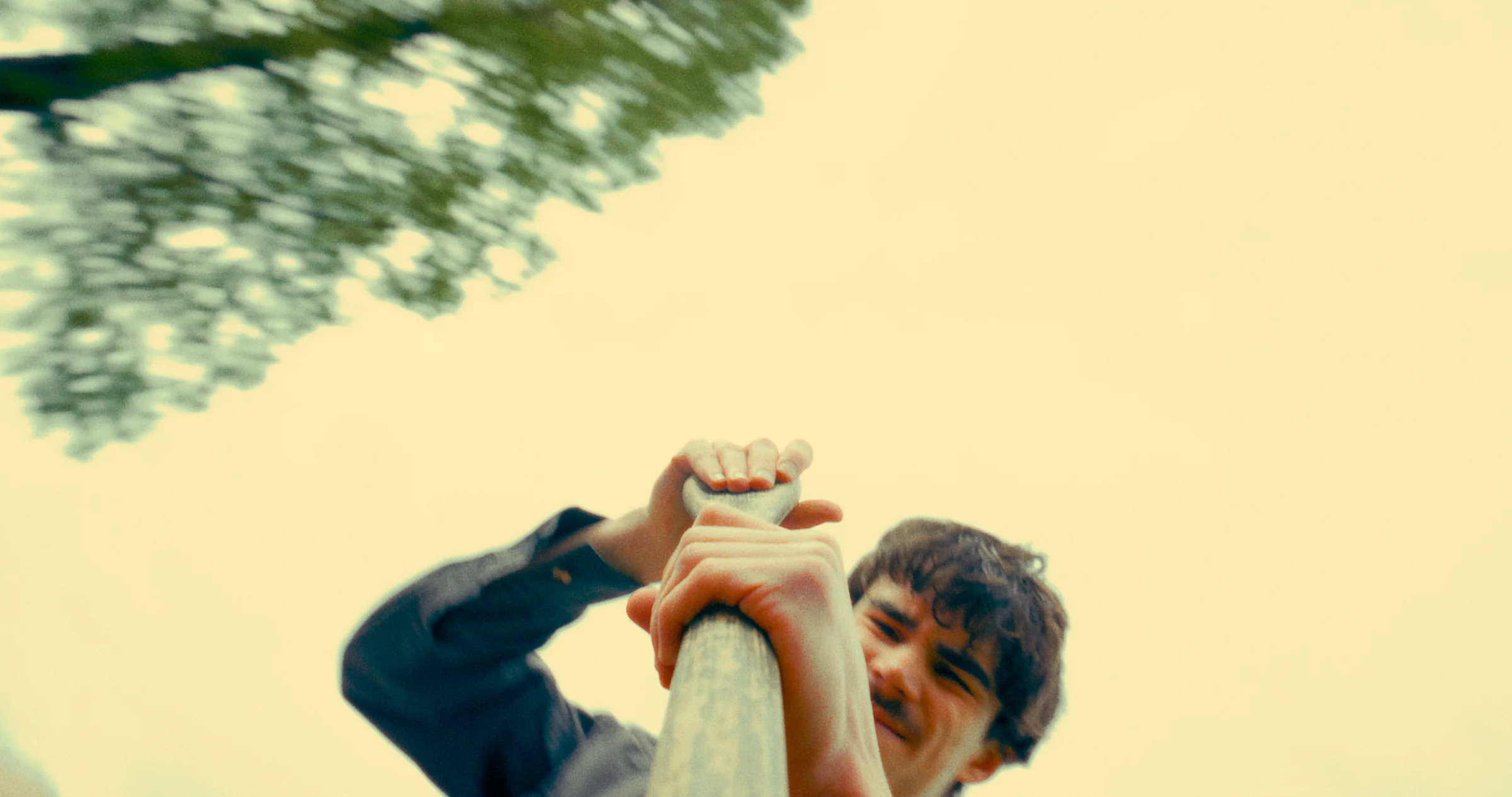 A person reaches upward in a grassy outdoor scene.